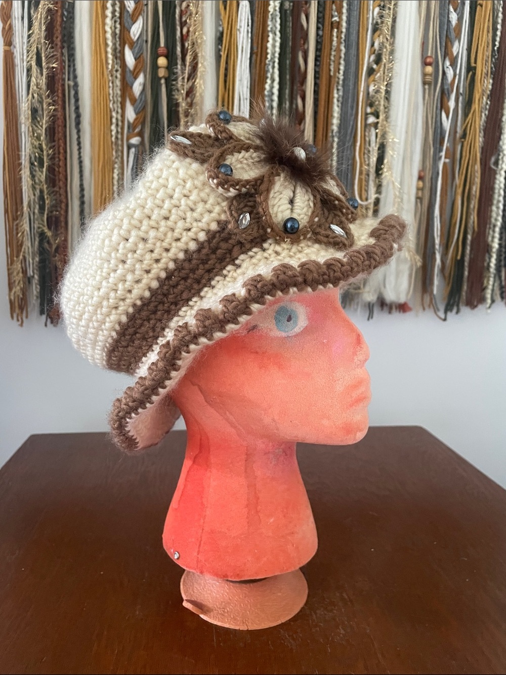 Crocheted Cream and Brown Knit Hat vintage looks